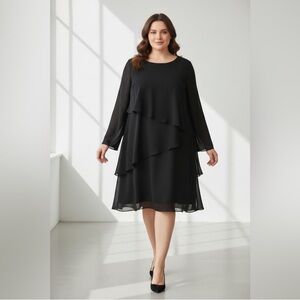Jones Wear Dresses | Black Tiered Layered Midi Dress With Sheer Long Sleeves